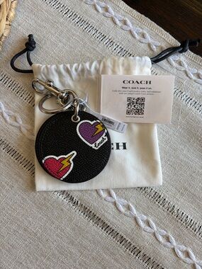 Coach Black Round Leather Keyring with Pink & Purple Hearts bag Charm